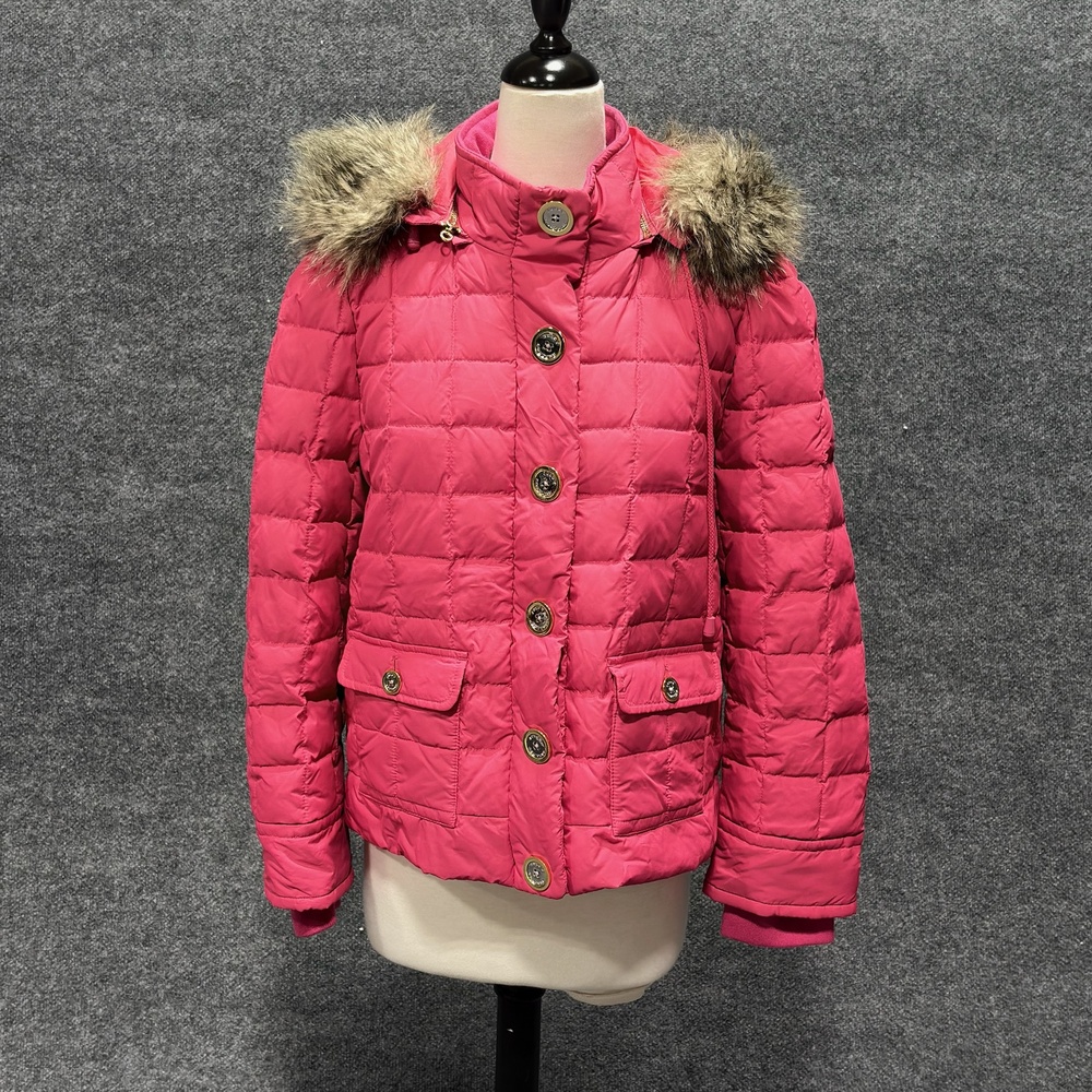 Juicy Couture Jacket Womens XL Pink Quilted Puffer Faux Fur Trim Hooded Button